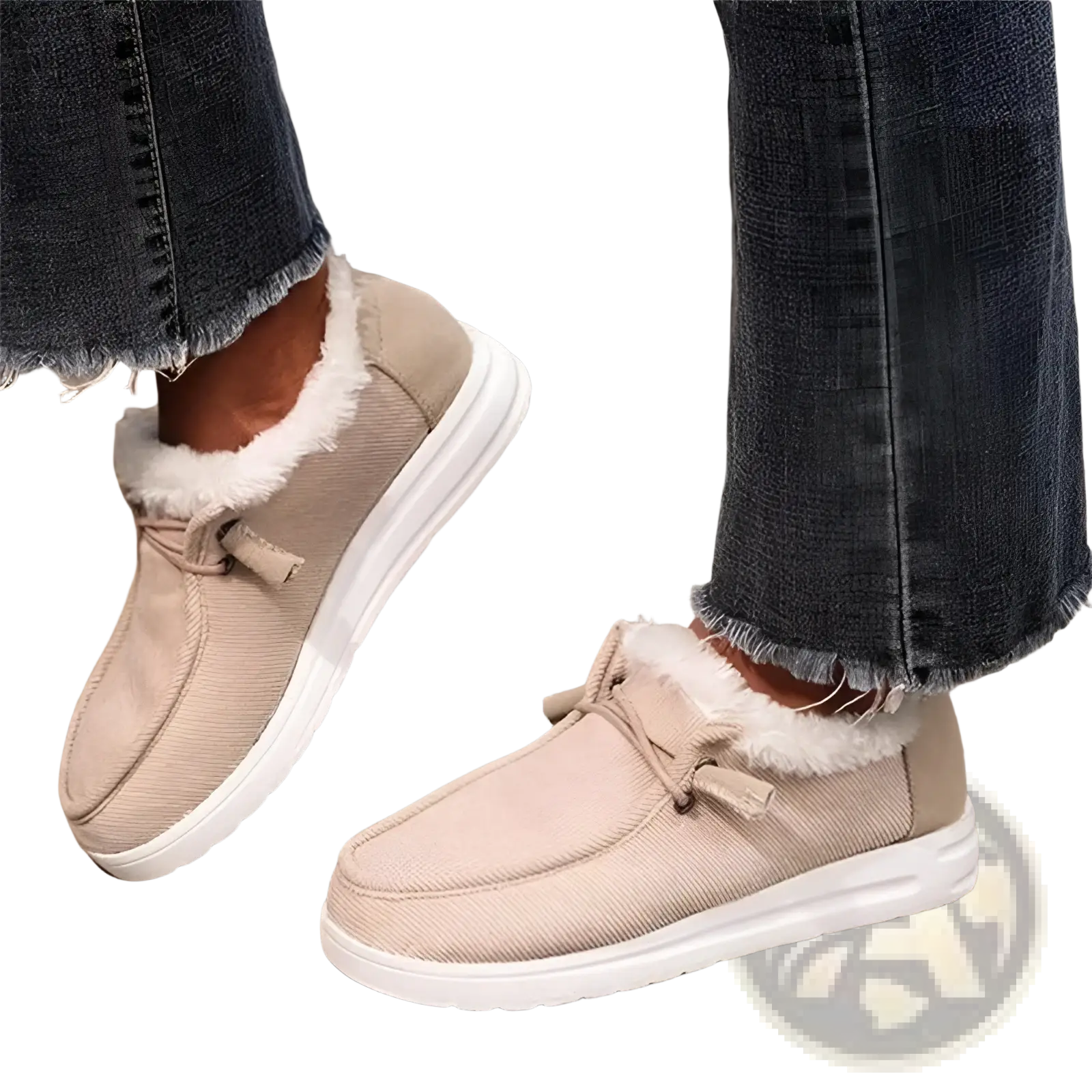 Beige cotton flat winter slip-on shoes with white rubber soles and warm fluffy faux fur lining for cold weather