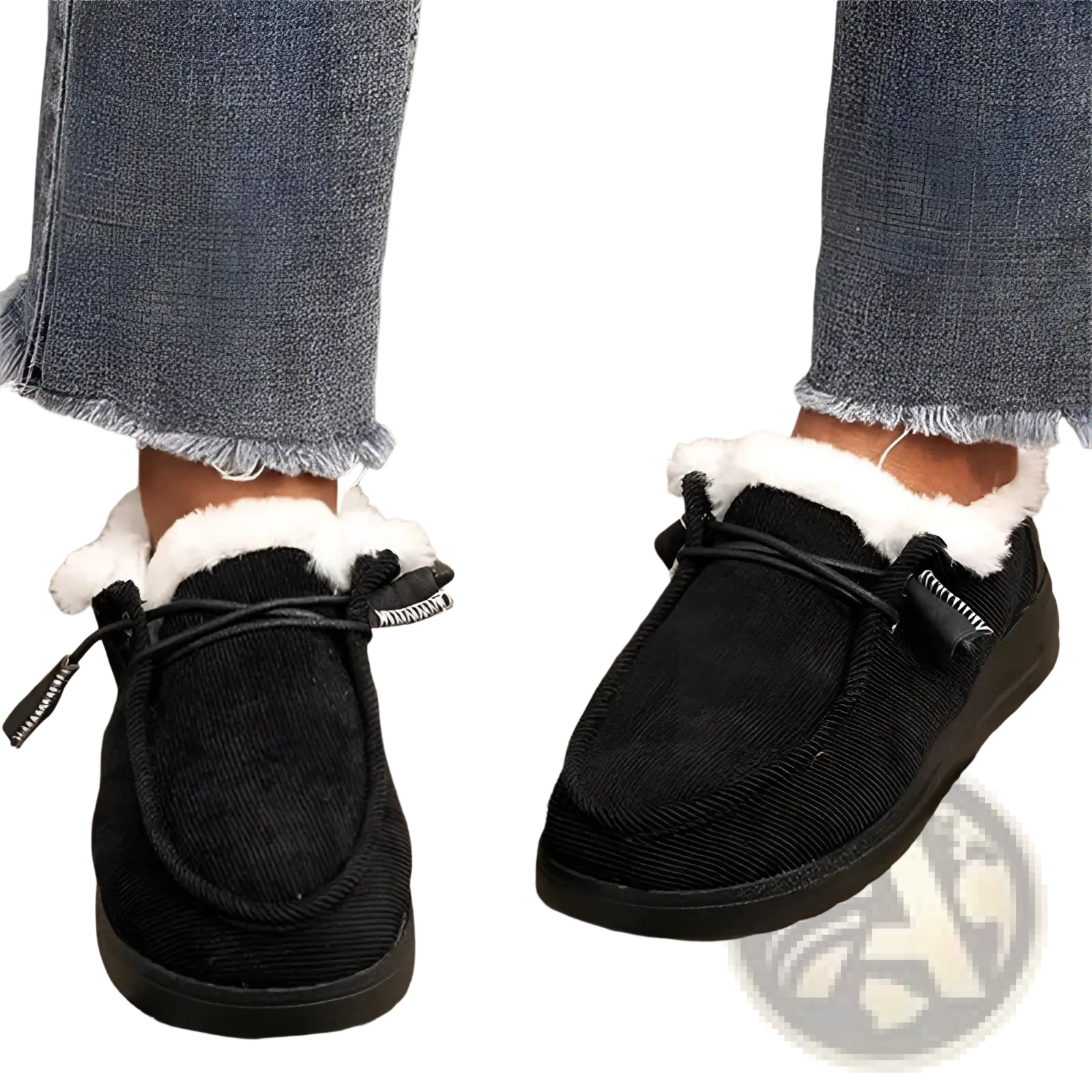 Black corduroy slip-on moccasins with white faux fur lining and black laces cotton flat winter shoes warm fur loafers