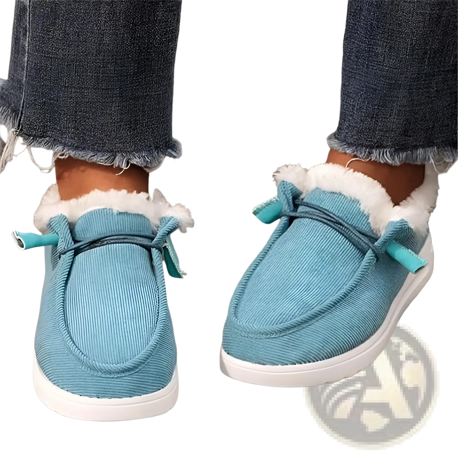 Light blue corduroy slip-on cotton flat winter shoes with warm white faux fur lining and teal drawstrings