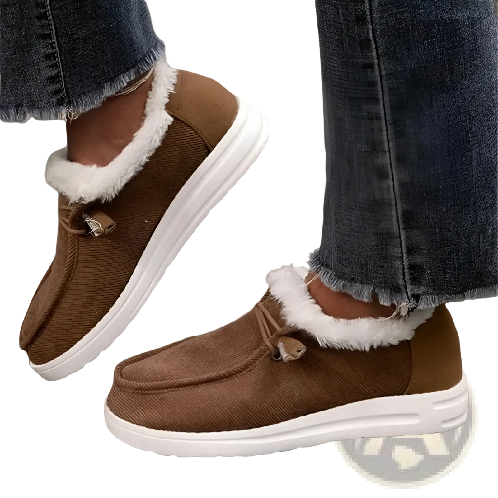Brown corduroy slip-on cotton flat winter shoes with warm white faux fur lining and thick white rubber sole