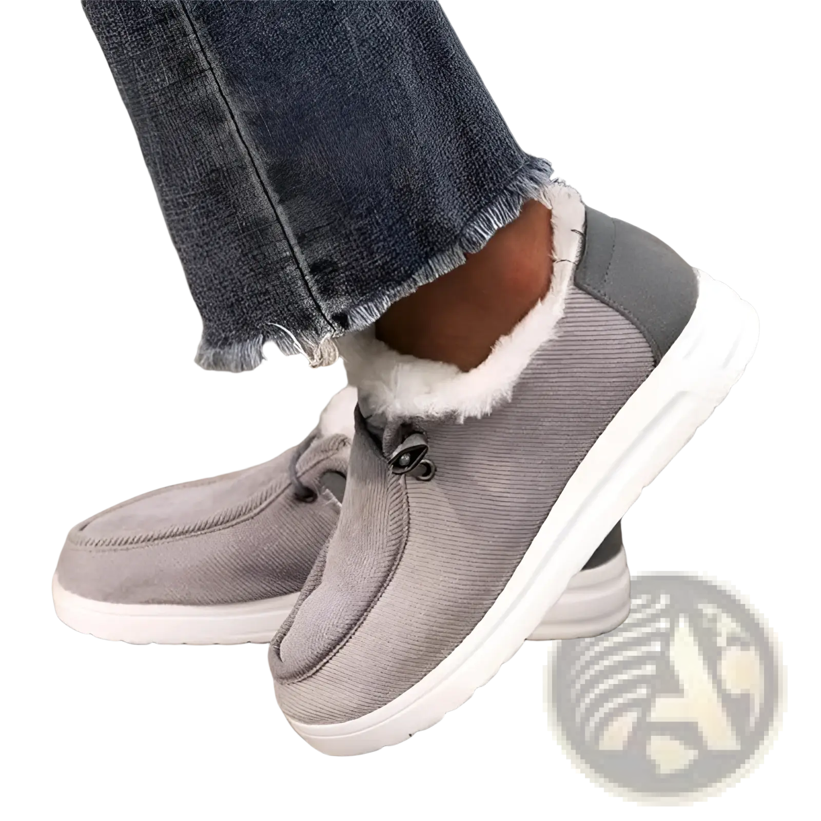 Gray corduroy slip-on cotton flat winter shoes with warm white faux fur lining and black metal toggle closure