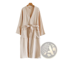 Beige ribbed cotton gauze bathrobe for men with matching belt tied in bow and two front pockets