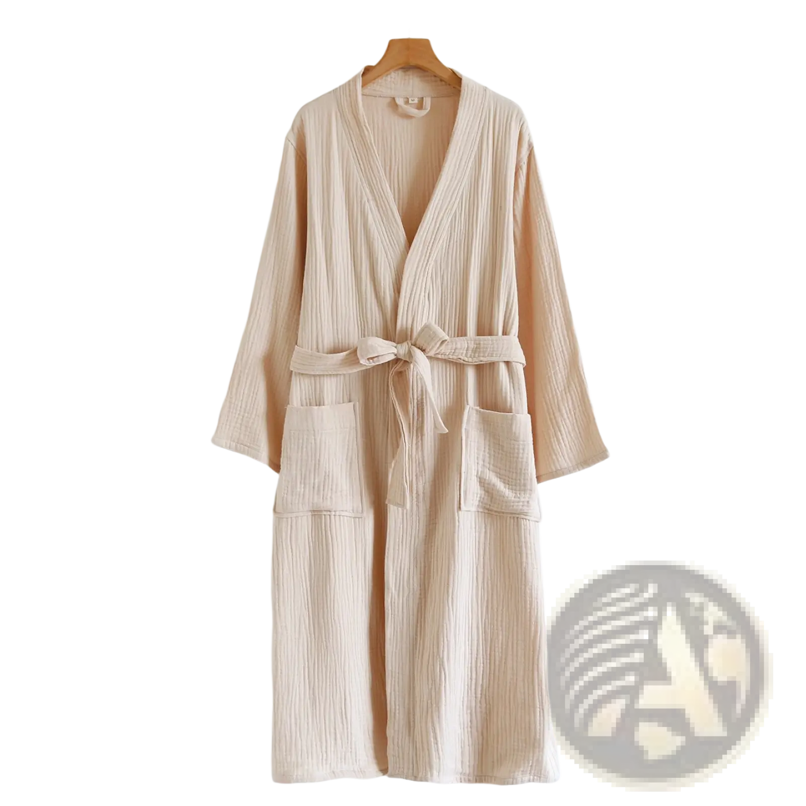 Beige ribbed cotton gauze bathrobe for men with matching belt tied in bow and two front pockets