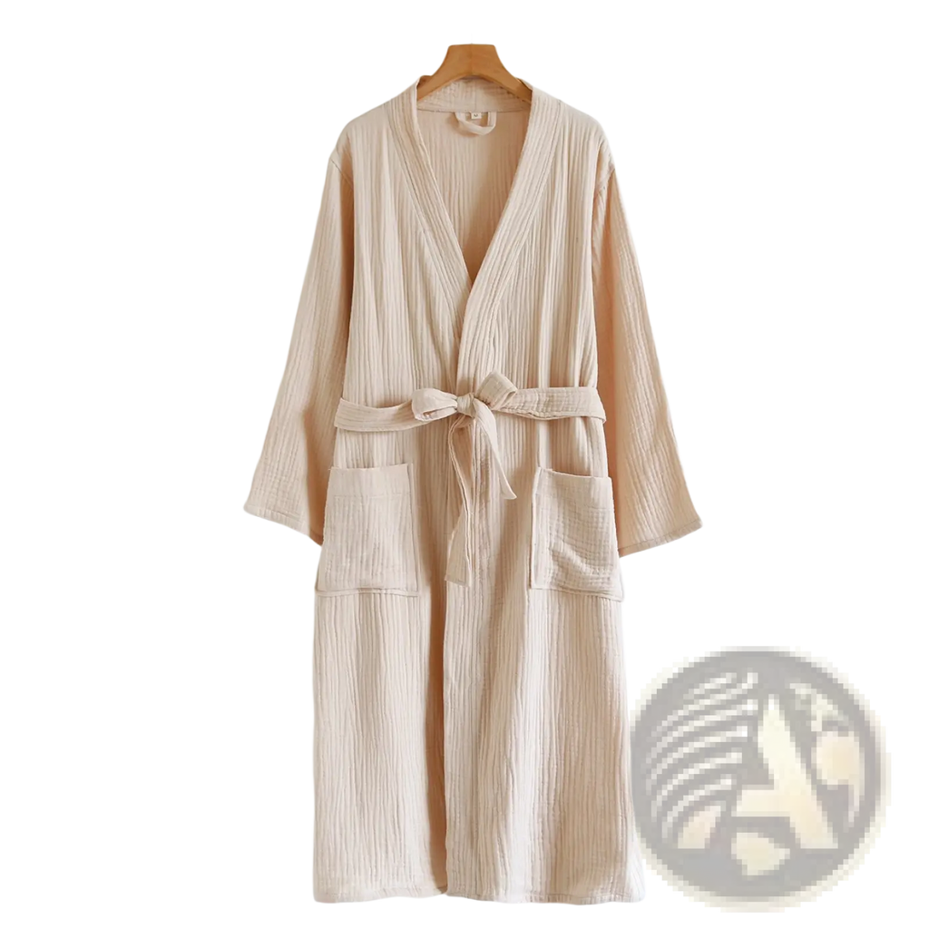 Beige ribbed cotton gauze bathrobe for men with matching belt tied in a bow and two front pockets