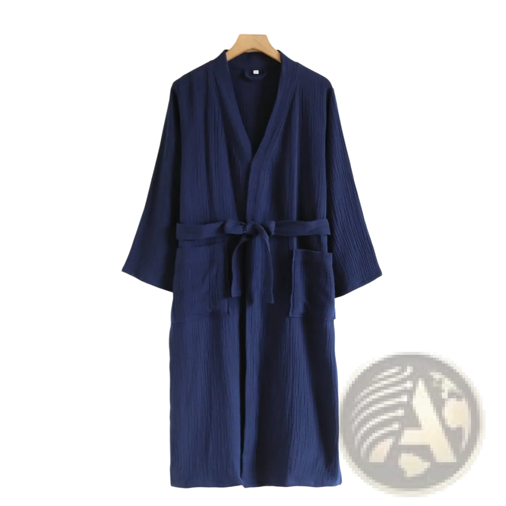 Navy blue textured cotton gauze bathrobe for men with matching belt and front pockets for comfort and convenience