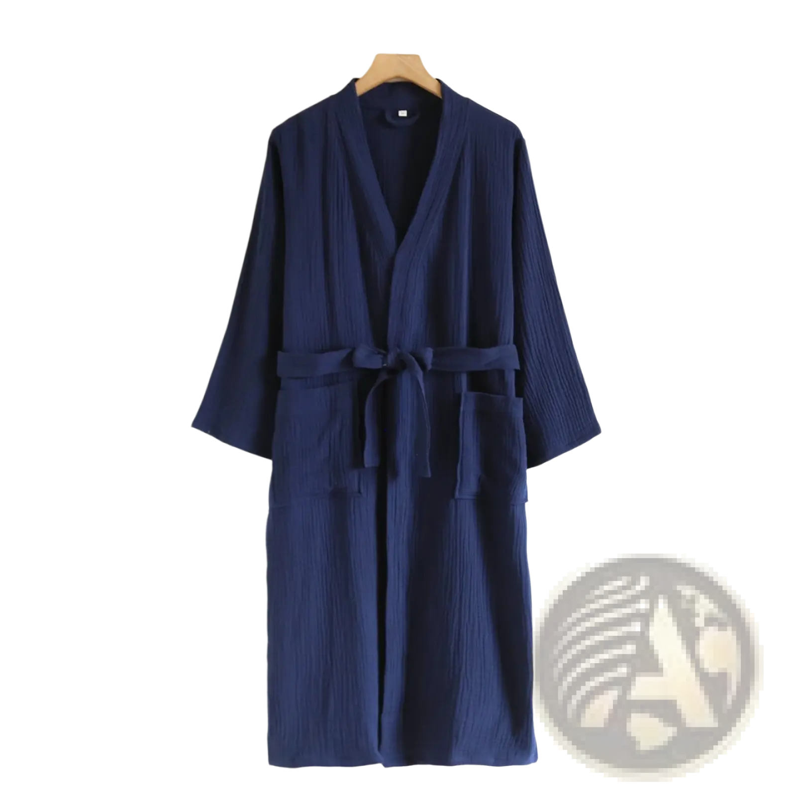 Navy blue textured cotton gauze bathrobe for men with matching belt and front pockets for comfort and convenience