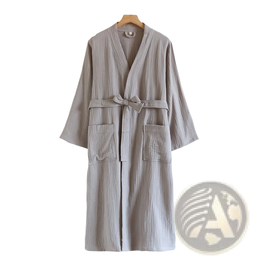 Cotton gauze bathrobe for men in soft light gray ribbed cotton with matching belt and two front pockets