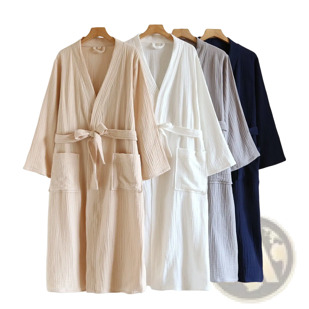 Cotton gauze bathrobe for men in beige, white, gray, and navy blue with ribbed texture, belt tie, and front pockets