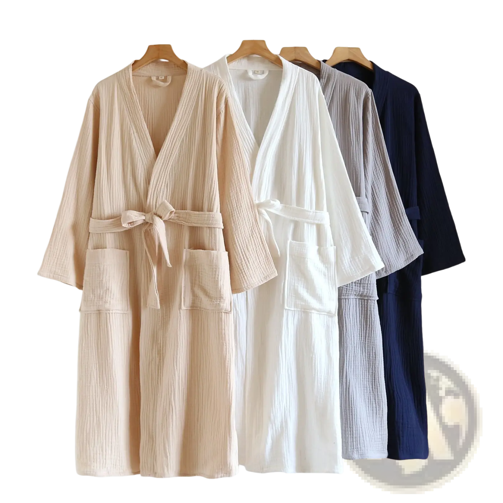 Cotton gauze bathrobe for men in beige, white, gray, and navy blue with ribbed texture, belt tie, and front pockets