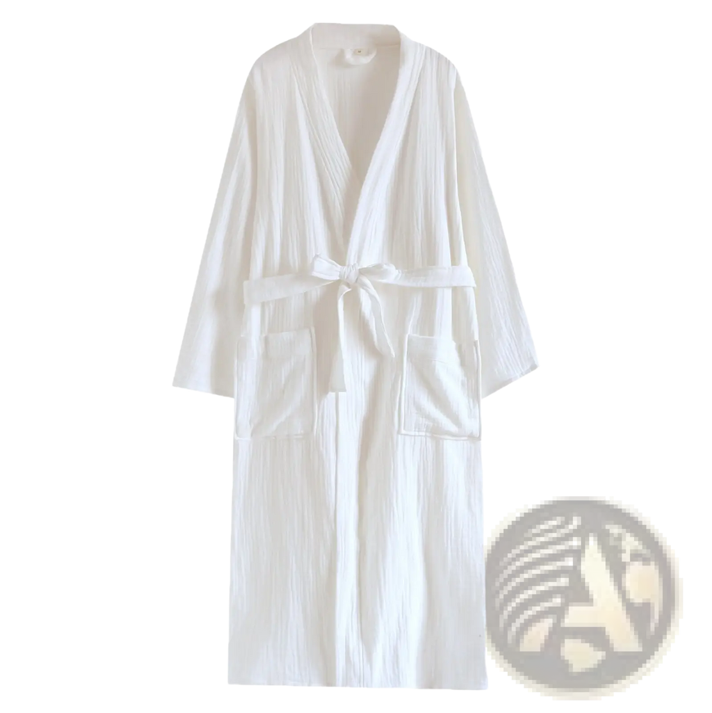 White cotton gauze bathrobe for men with textured fabric v-neckline and matching belt for comfort and style