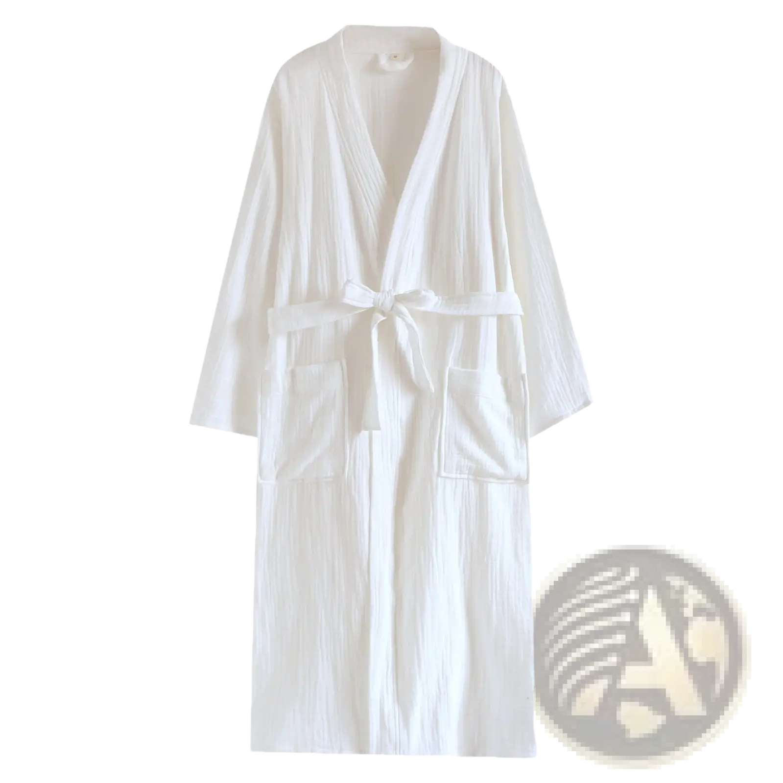 White cotton gauze bathrobe for men with textured fabric v-neckline and matching belt for comfort and style