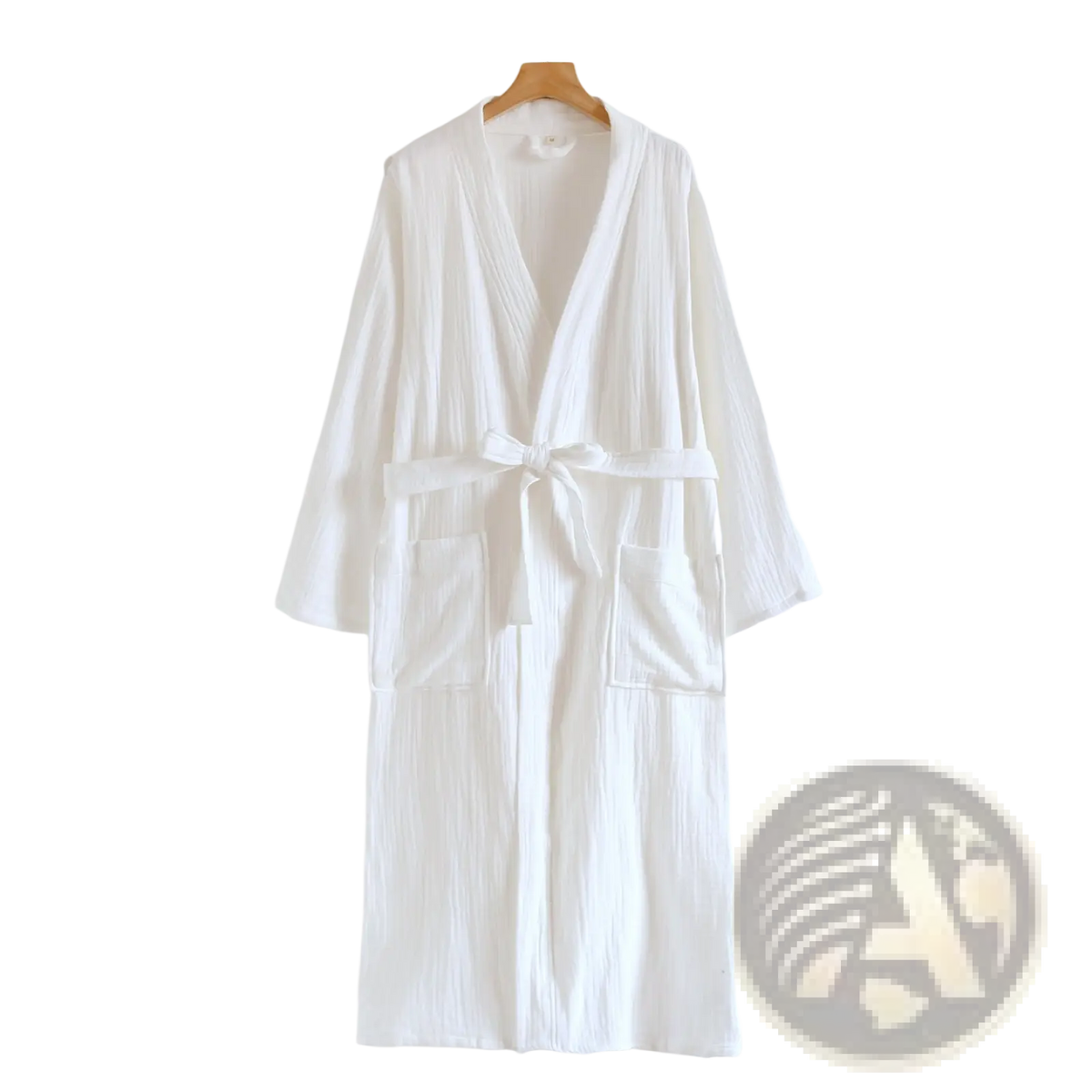White cotton gauze bathrobe for men with textured fabric tied waistband and two front pockets