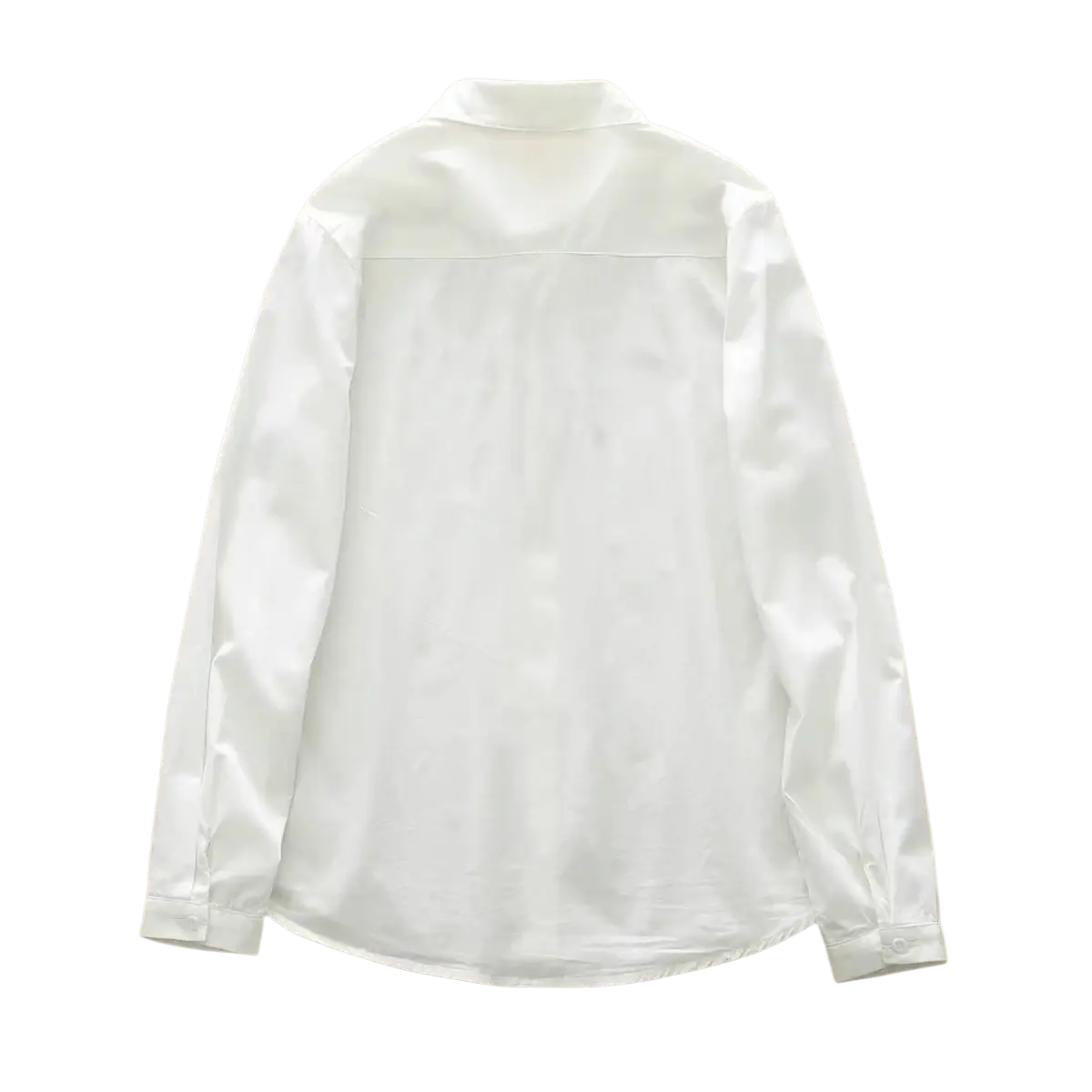 A crisp white satin cotton heart embroidered button up blouse with a classic collar and long sleeves