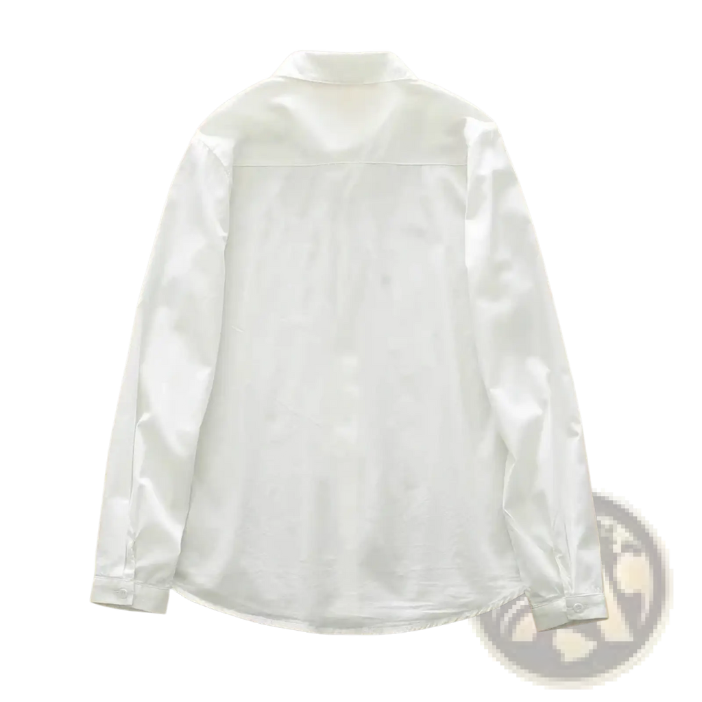 A crisp white satin cotton heart embroidered button up blouse with a classic collar and long sleeves