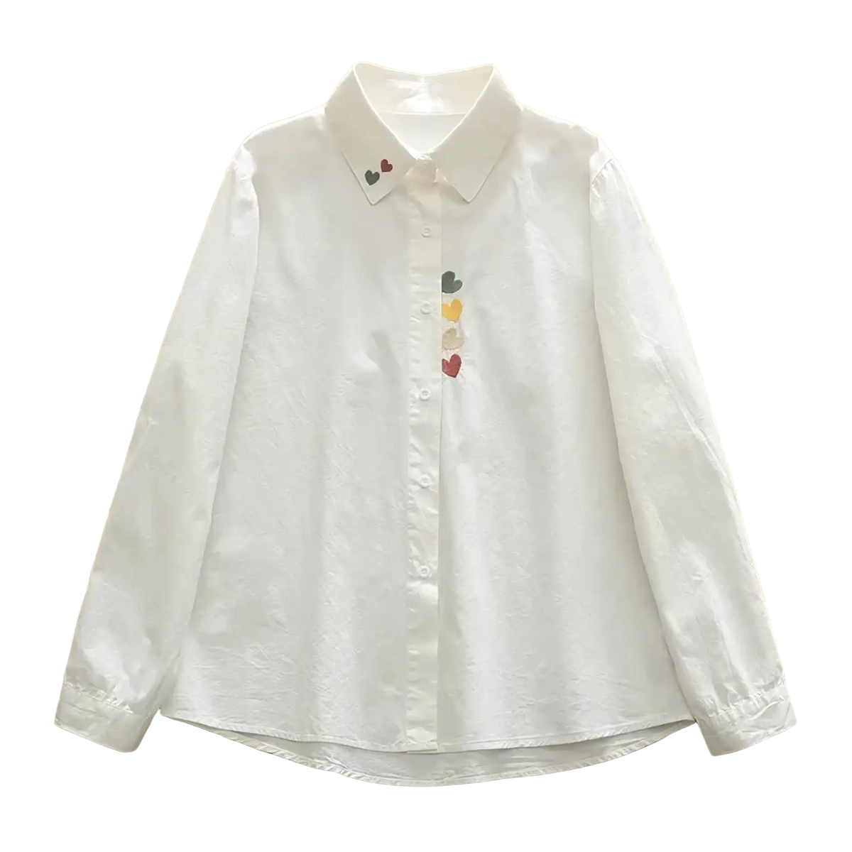 White cotton long-sleeved button up blouse with colorful heart embroidery along the placket and collar