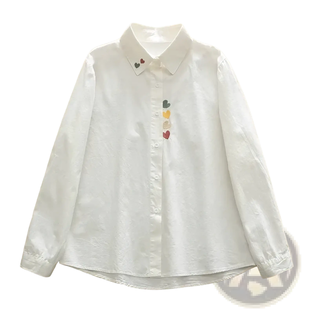 White cotton long-sleeved button up blouse with colorful heart embroidery along the placket and collar
