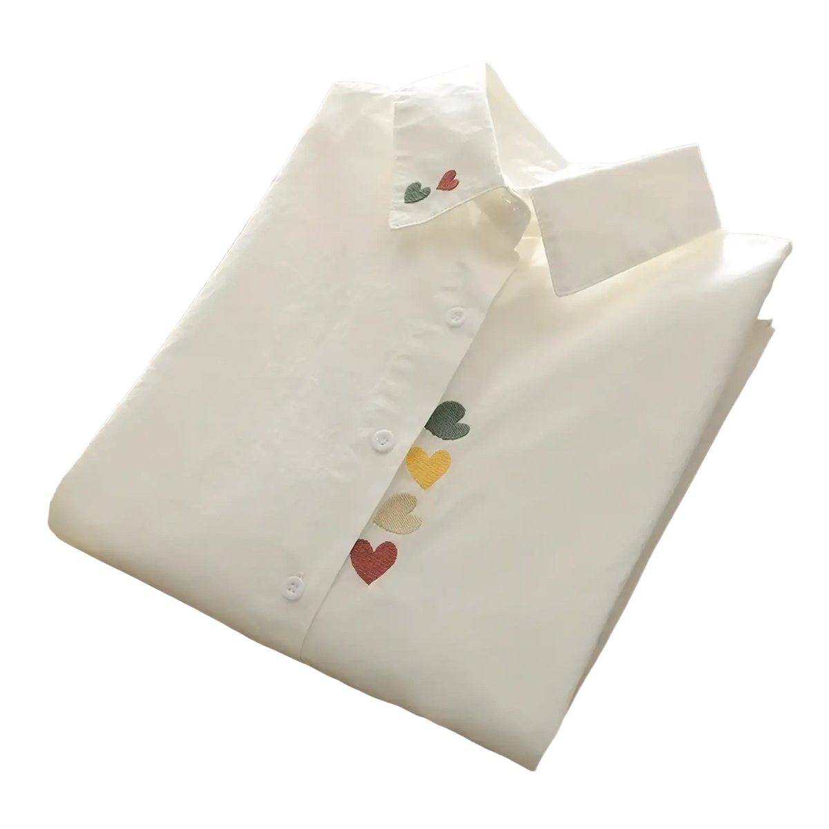 White cotton button up blouse with colorful heart embroidery on front placket and collar for casual wear