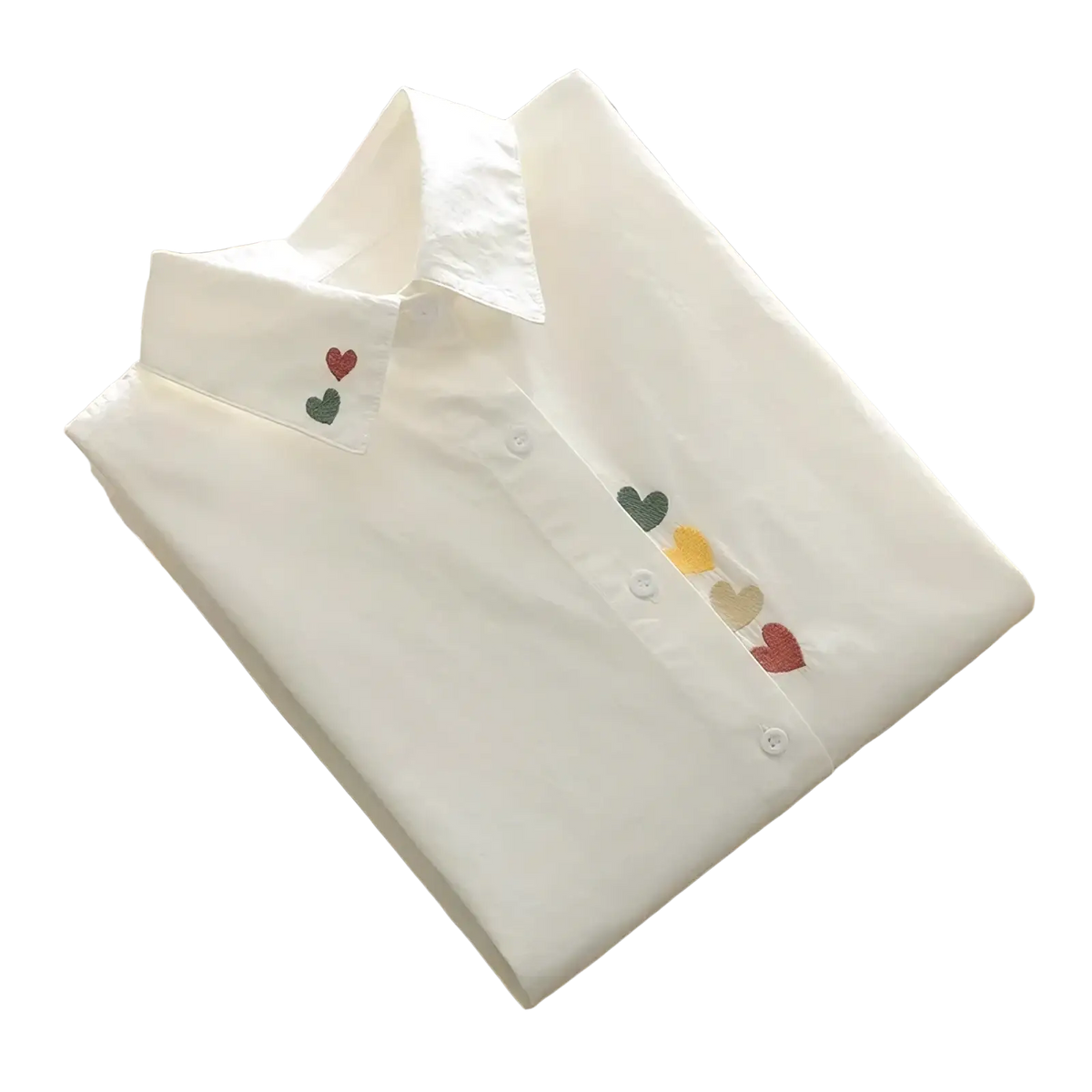 White cotton button up blouse with colorful heart embroidery along the placket and collar