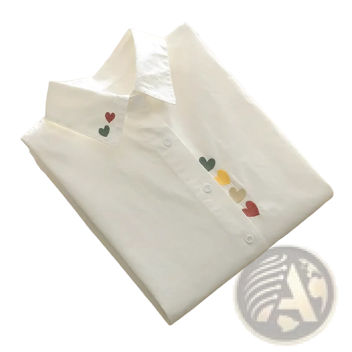White cotton button up blouse with colorful heart embroidery along the placket and collar