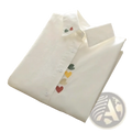 White cotton button up blouse with colorful heart embroidery on front placket and collar for casual wear