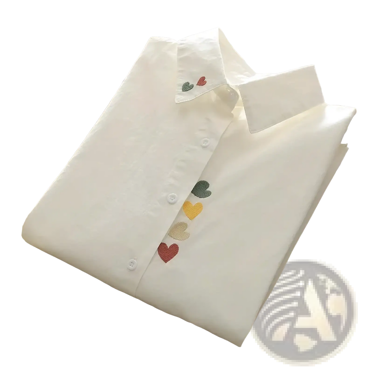 White cotton button up blouse with colorful heart embroidery on front placket and collar for casual wear