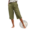 Olive green cotton linen capri pants with high waist elastic waistband and button details on the cuffs