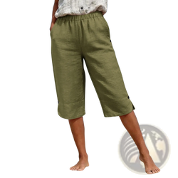 Olive green cotton linen capri pants with high waist elastic waistband and button details on the cuffs