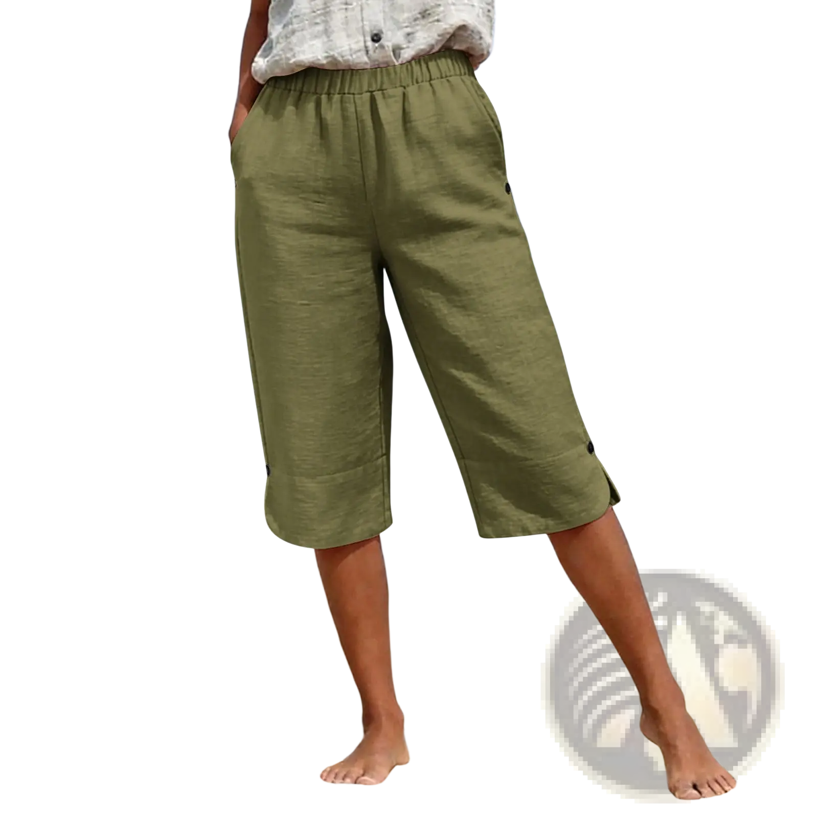 Olive green cotton linen capri pants with high waist elastic waistband and button details on the cuffs