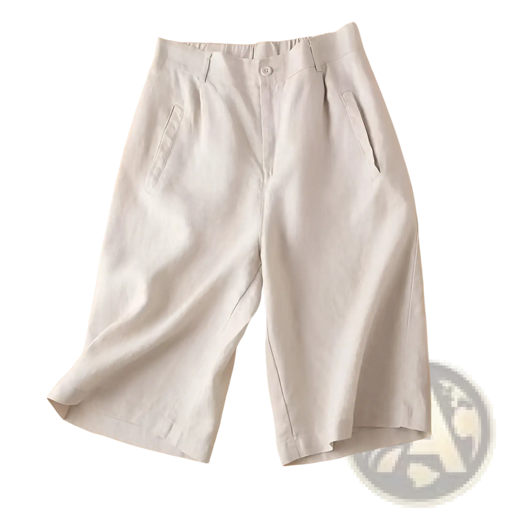Beige cotton linen high waist capri pants with relaxed fit and subtle pleats for casual wear