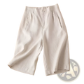 Beige cotton linen high waist capri pants with relaxed fit and subtle pleats for casual wear