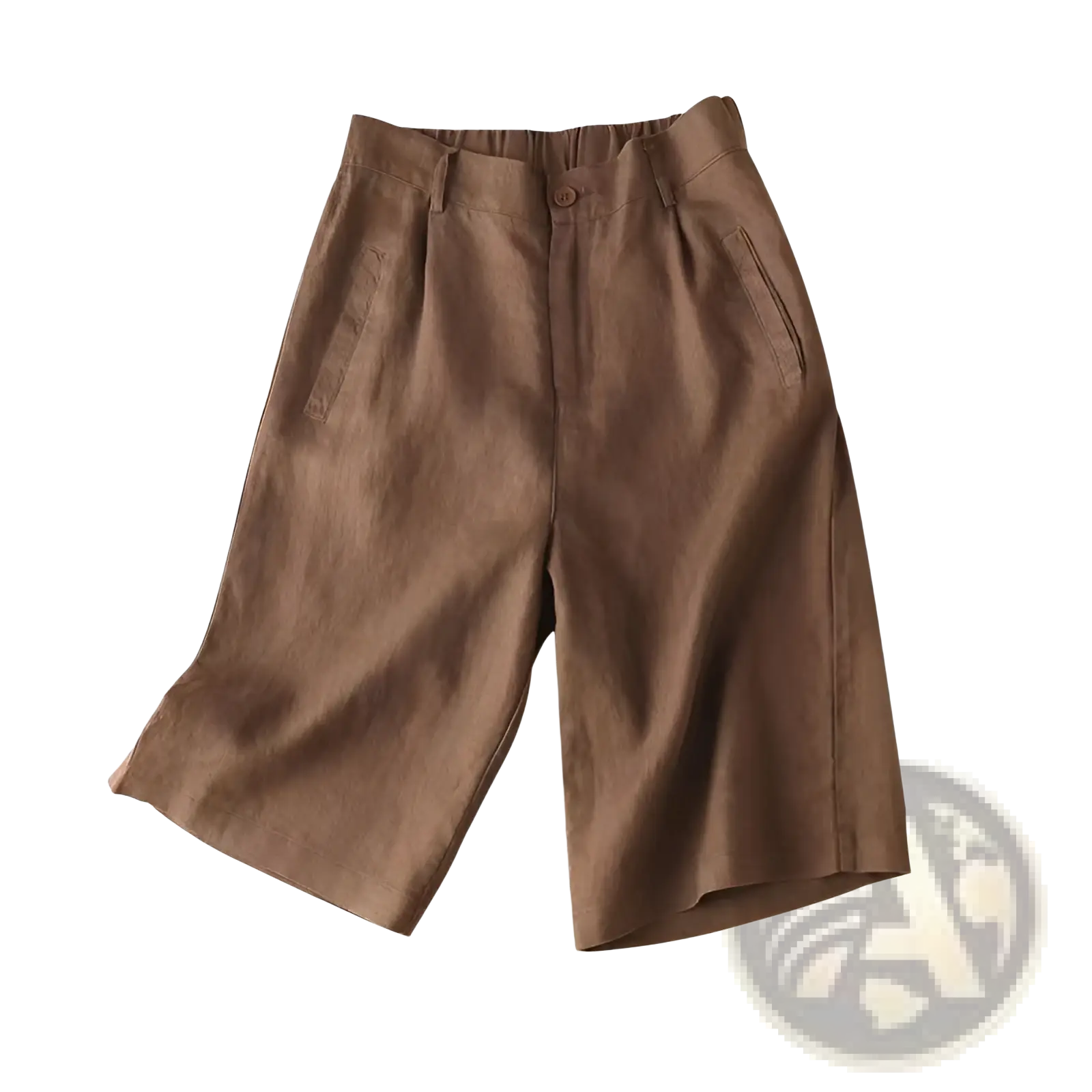 Brown cotton linen high waist casual capri pants with relaxed fit and subtle pleats at the waist