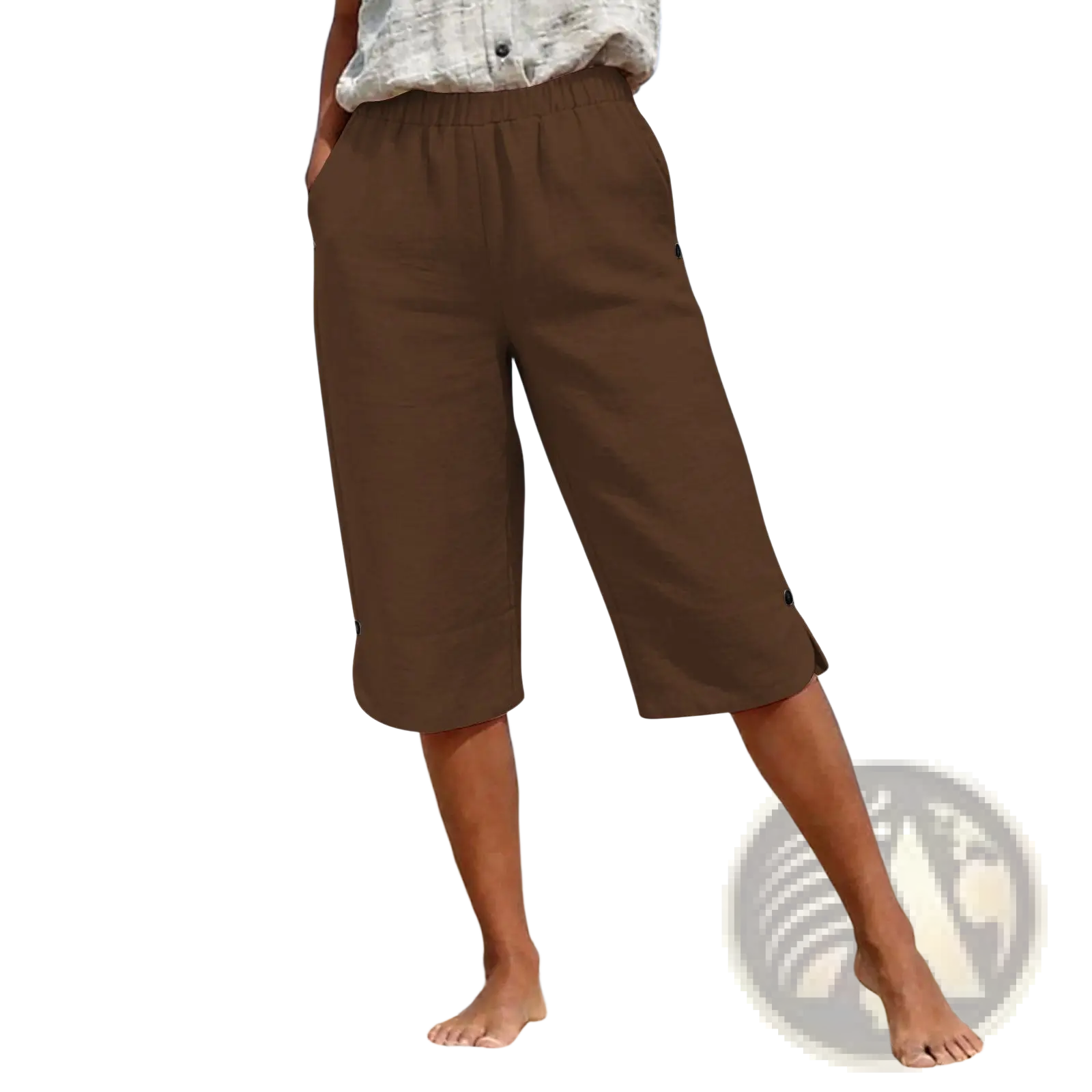 Brown cotton linen capri pants high waist with loose fit elastic waistband and subtle side pockets