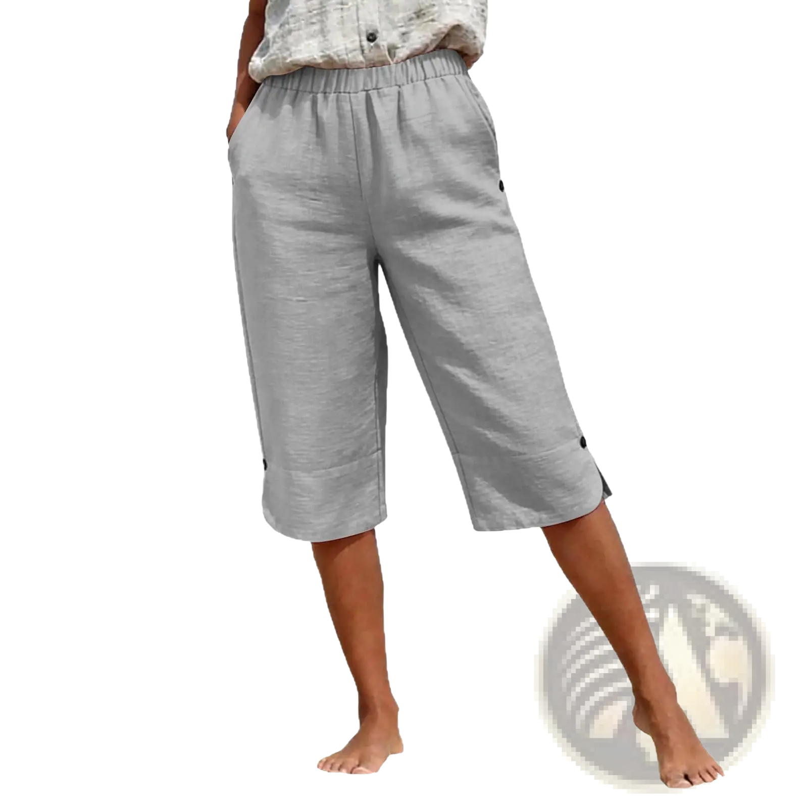 Light gray cotton linen capri pants with high waist elastic waistband and black button accents