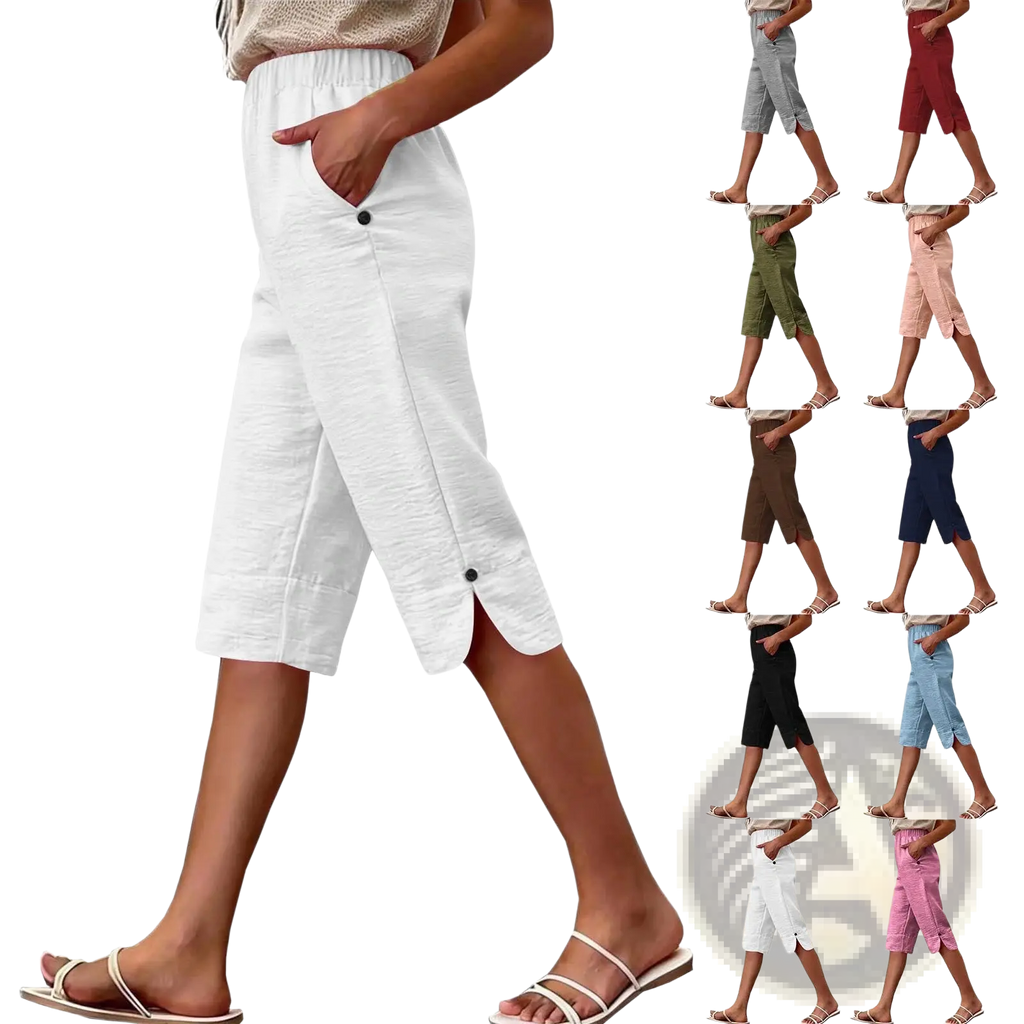 White cotton linen high waist capri pants with side pockets and button details for casual wear