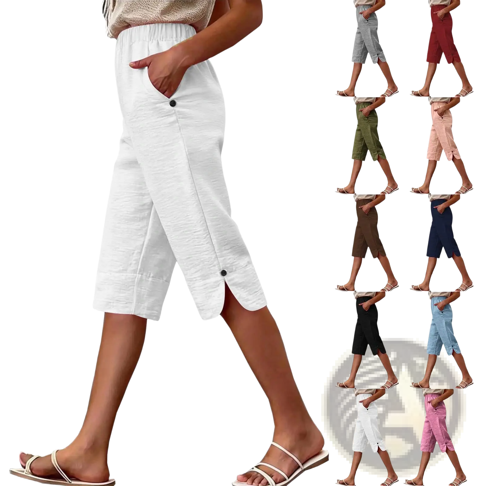 White cotton linen high waist capri pants with side pockets and button details for casual wear