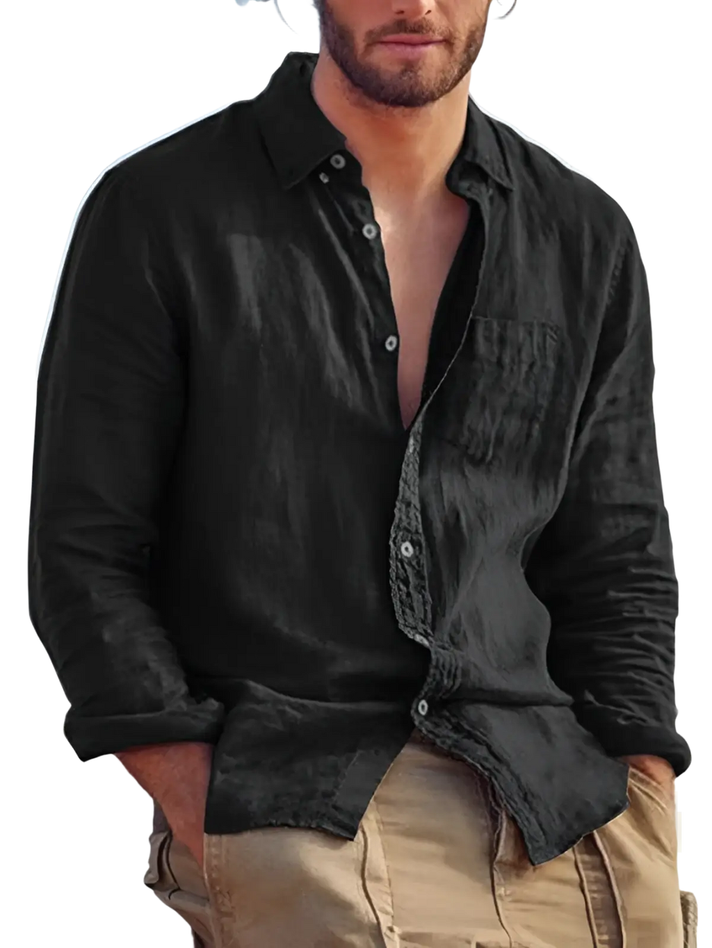 Black cotton linen casual button down shirt with a relaxed fit and subtle texture