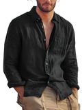 Black cotton linen casual button down shirt with a relaxed fit and subtle texture