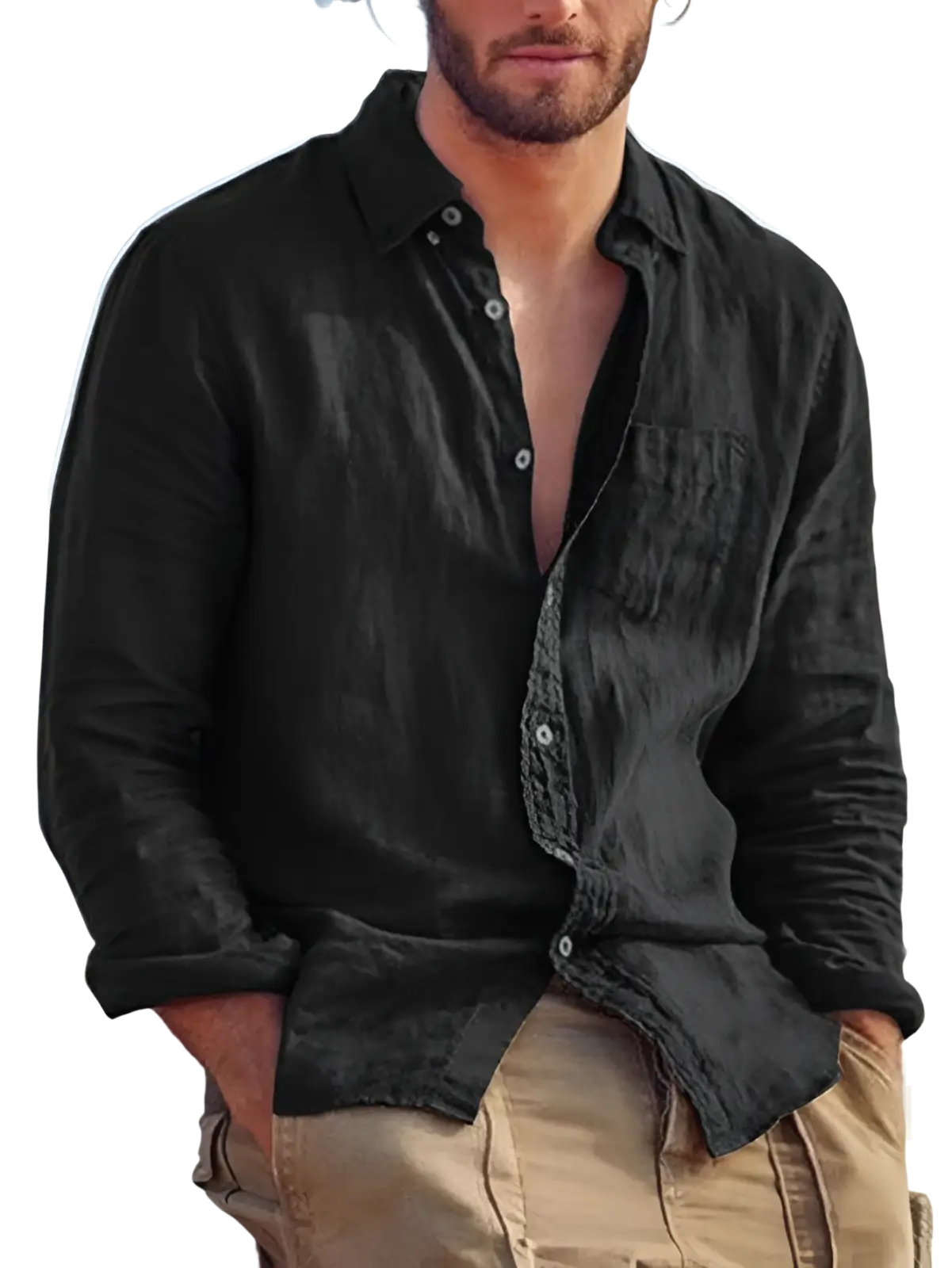 Black cotton linen casual button down shirt with a relaxed fit and subtle texture
