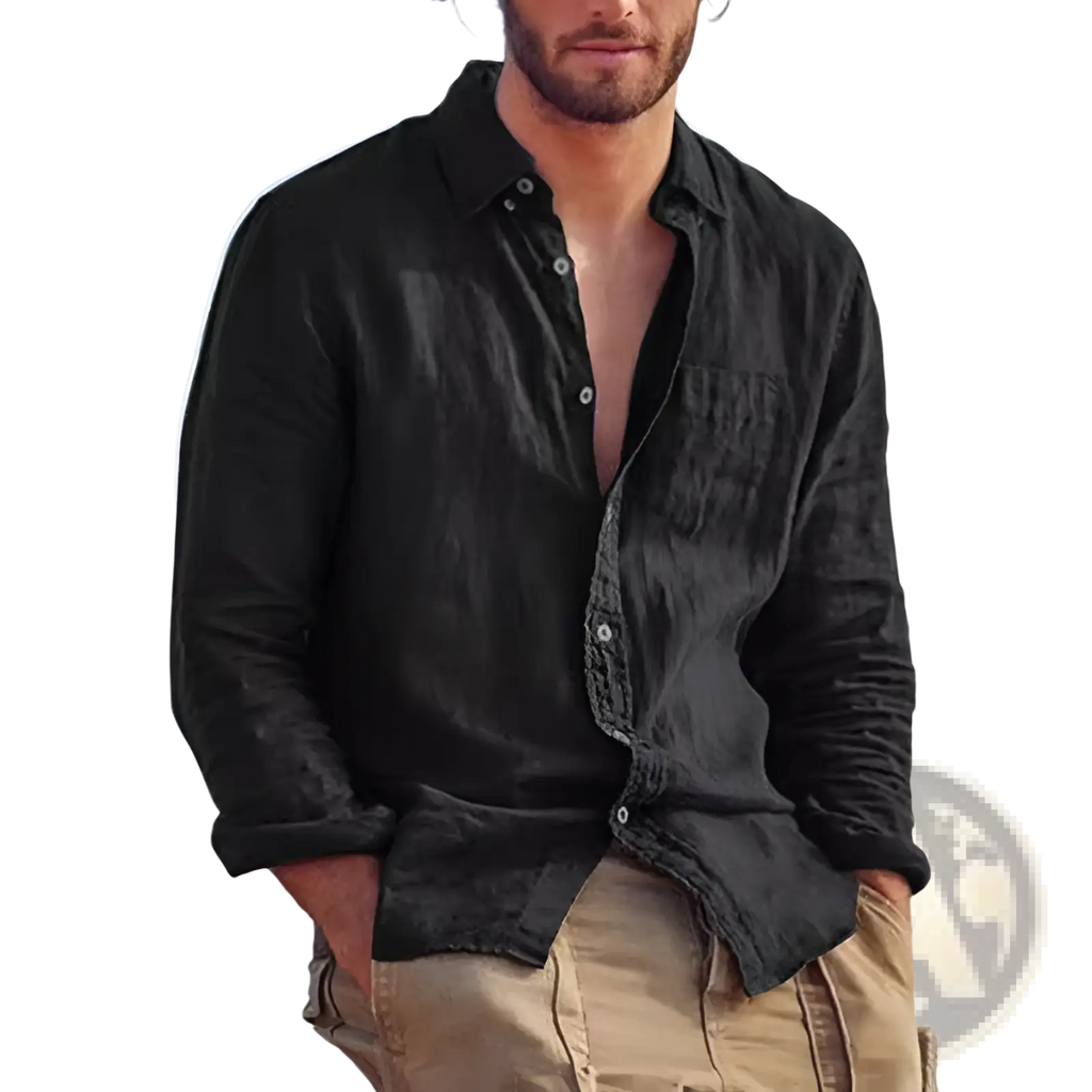 Black cotton linen casual button down shirt with relaxed fit and subtle texture shown from the back side