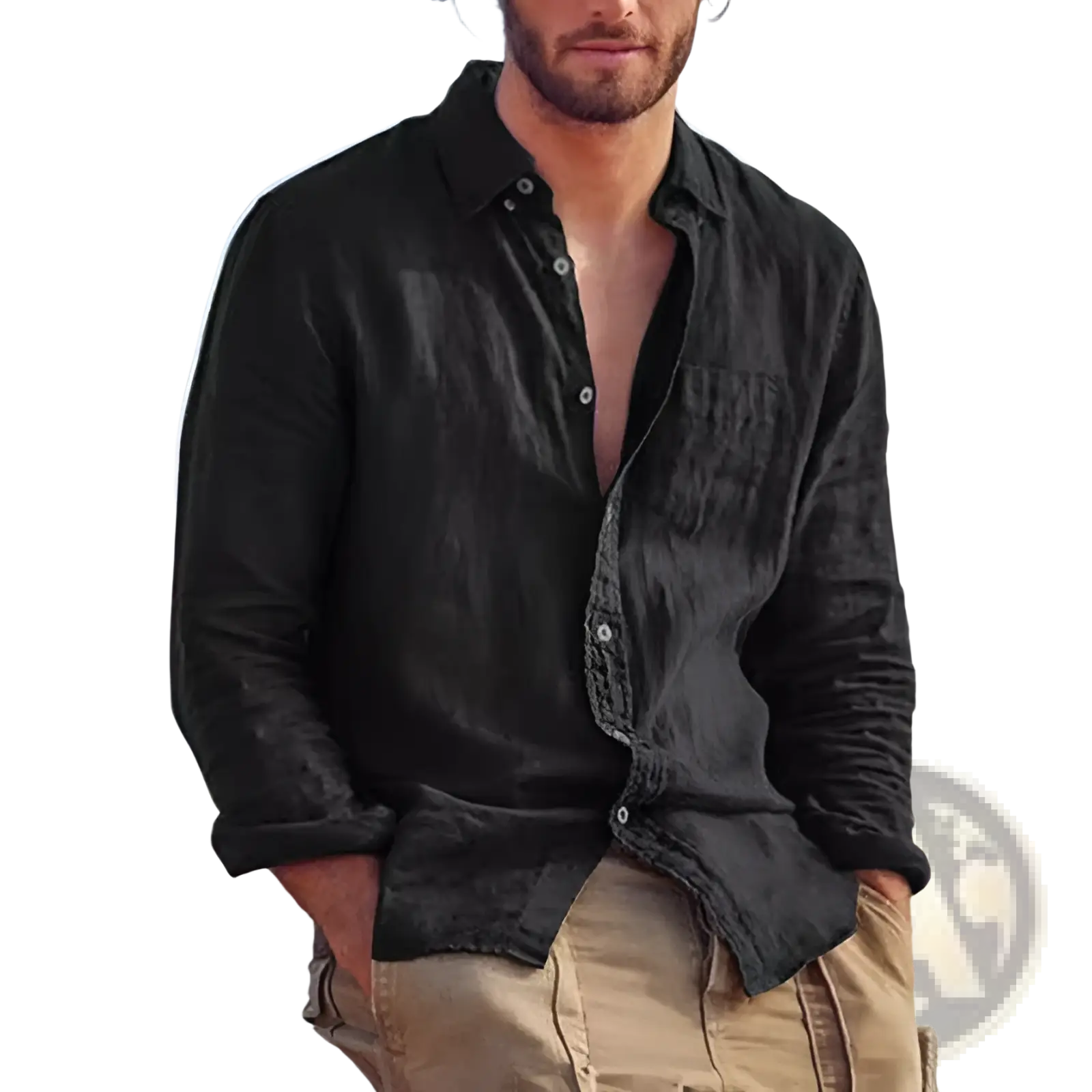 Black cotton linen casual button down shirt with relaxed fit and subtle texture shown from the back side