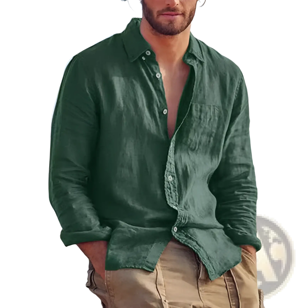 Dark green cotton linen casual button down shirt with long sleeves subtle texture and white buttons