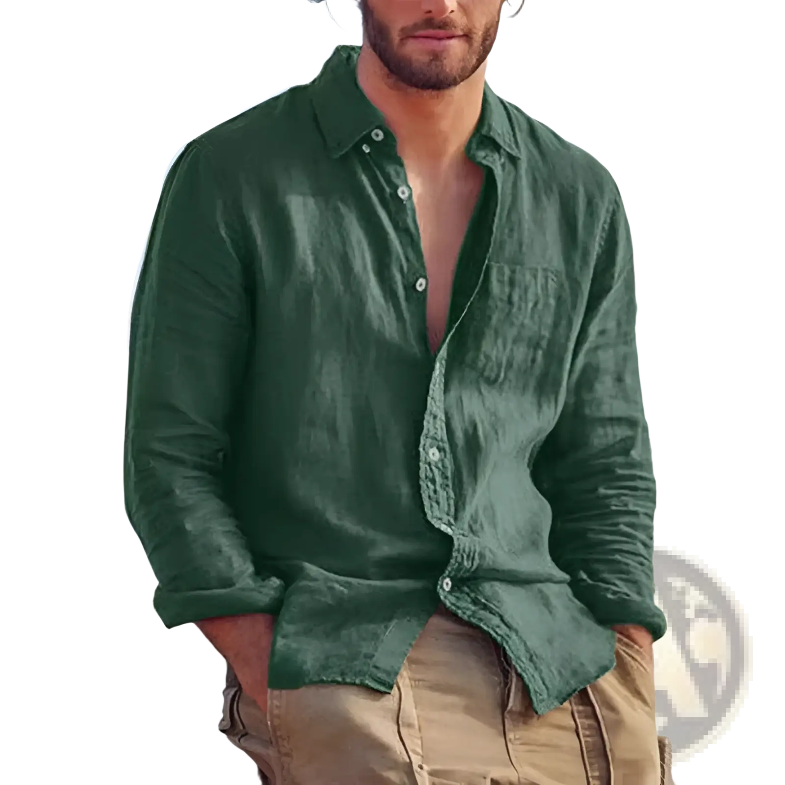 Dark green cotton linen casual button down shirt with long sleeves subtle texture and white buttons