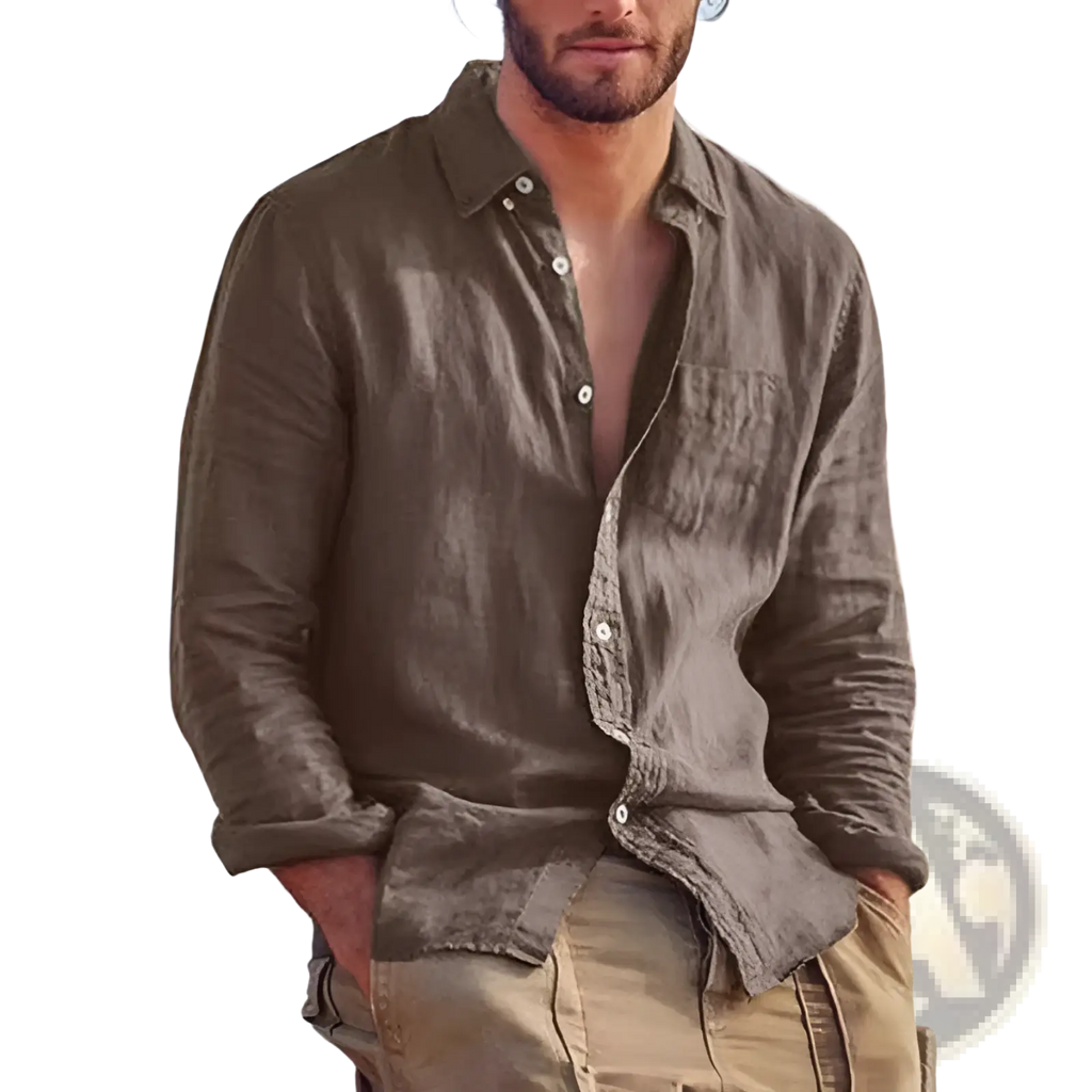 Olive green cotton linen casual button down shirt with subtle texture and white buttons for everyday wear