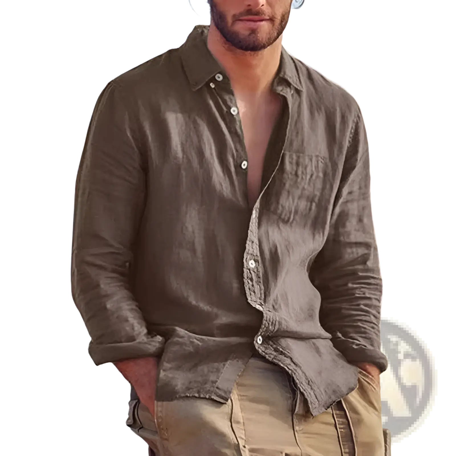 Olive green cotton linen casual button down shirt with subtle texture and white buttons for everyday wear