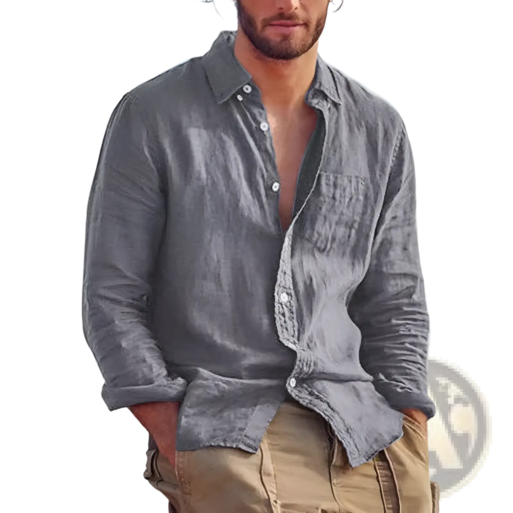 A relaxed-fit gray cotton linen casual button down shirt with long sleeves, subtle texture, and rolled cuffs