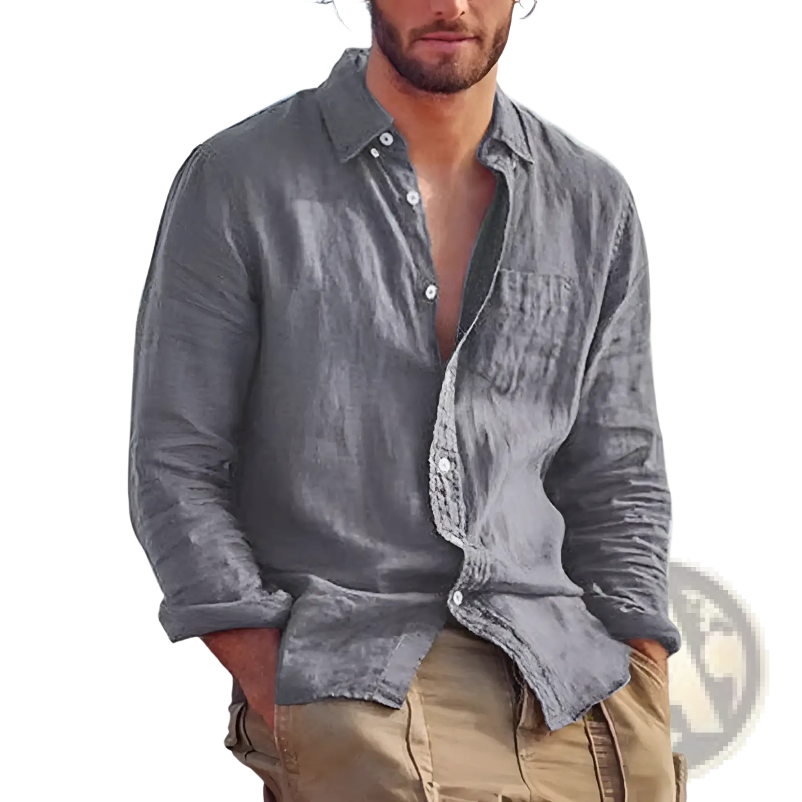 A relaxed-fit gray cotton linen casual button down shirt with long sleeves, subtle texture, and rolled cuffs
