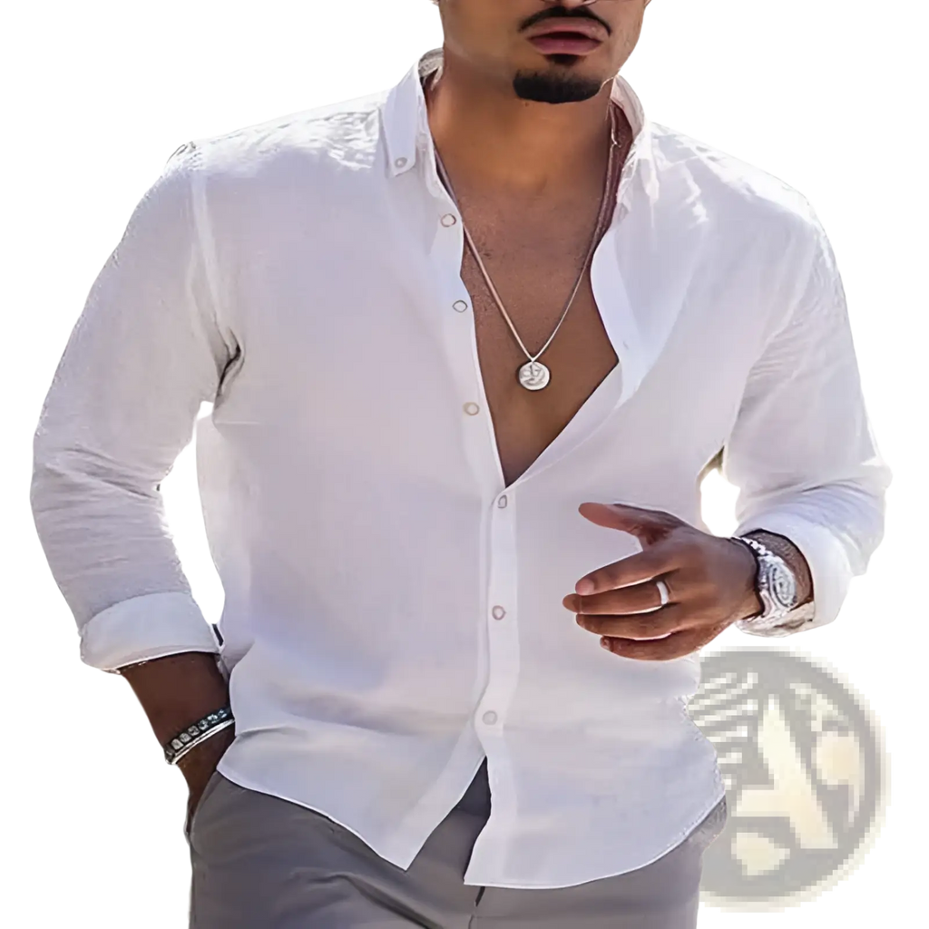 White cotton linen casual button down shirt with long sleeves relaxed fit and subtle texture for everyday wear