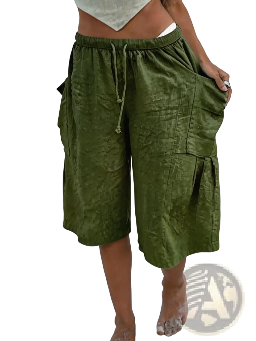 Olive green cotton linen cargo shorts with elastic waistband and drawstring for casual wear