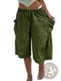 Olive green cotton linen cargo shorts with elastic waistband and drawstring for casual wear