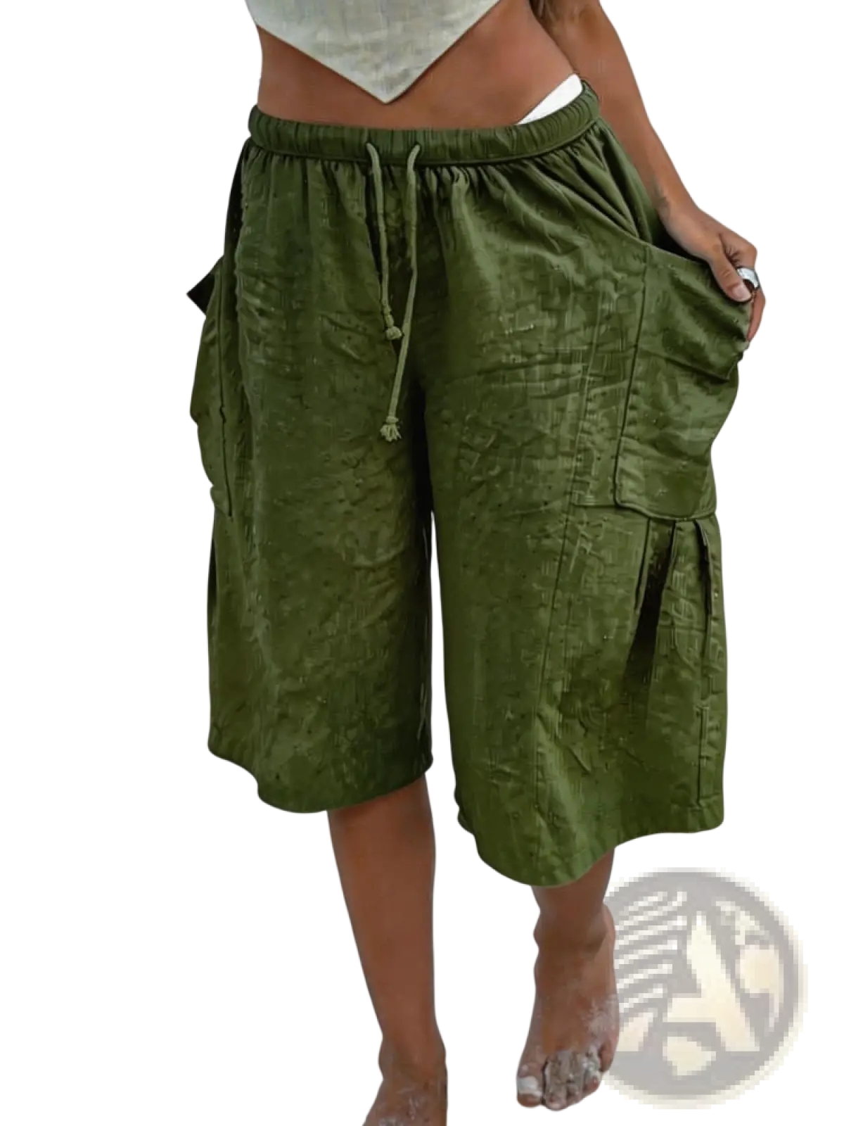 Olive green cotton linen cargo shorts with elastic waistband and drawstring for casual wear
